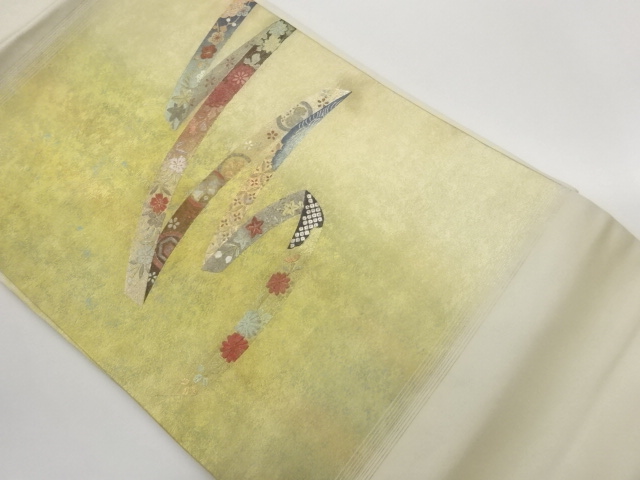 金彩鬘帯に家紋・花々・古典柄模様名古屋帯